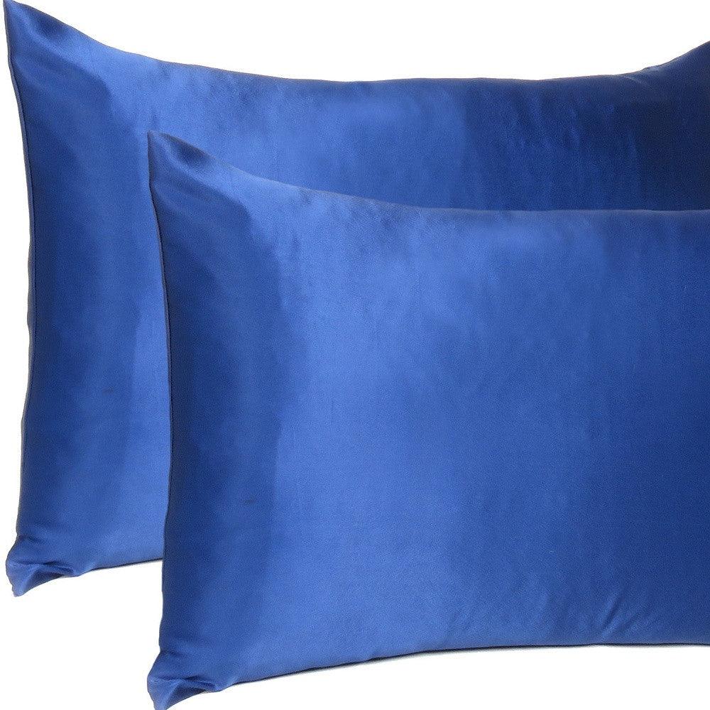 Navy Blue Dreamy Set Of 2 Silky Satin Queen Pillowcases - FurniFindUSA