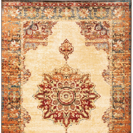 2' X 8' Gold And Orage Floral Medallionrunner Rug