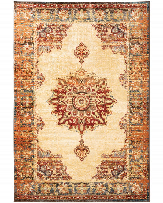 7' X 9' Gold And Orage Floral Medallionarea Rug - 78.74" (H) x 110.24" (W) x 0.27" (D)