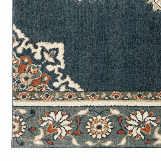 2' X 7' Blue And Beige Floral Medallion Indoor Runner Rug