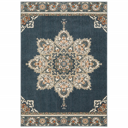 2' X 7' Blue And Beige Floral Medallion Indoor Runner Rug