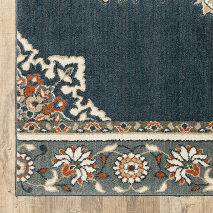 2' X 7' Blue And Beige Floral Medallion Indoor Runner Rug