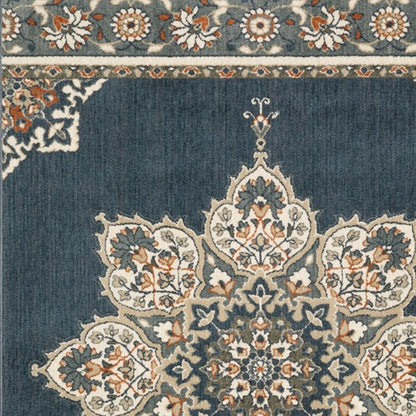 2' X 7' Blue And Beige Floral Medallion Indoor Runner Rug