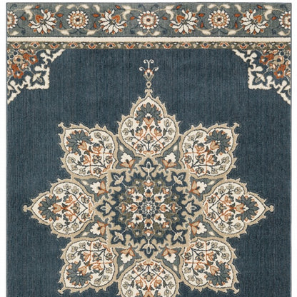 2' X 7' Blue And Beige Floral Medallion Indoor Runner Rug