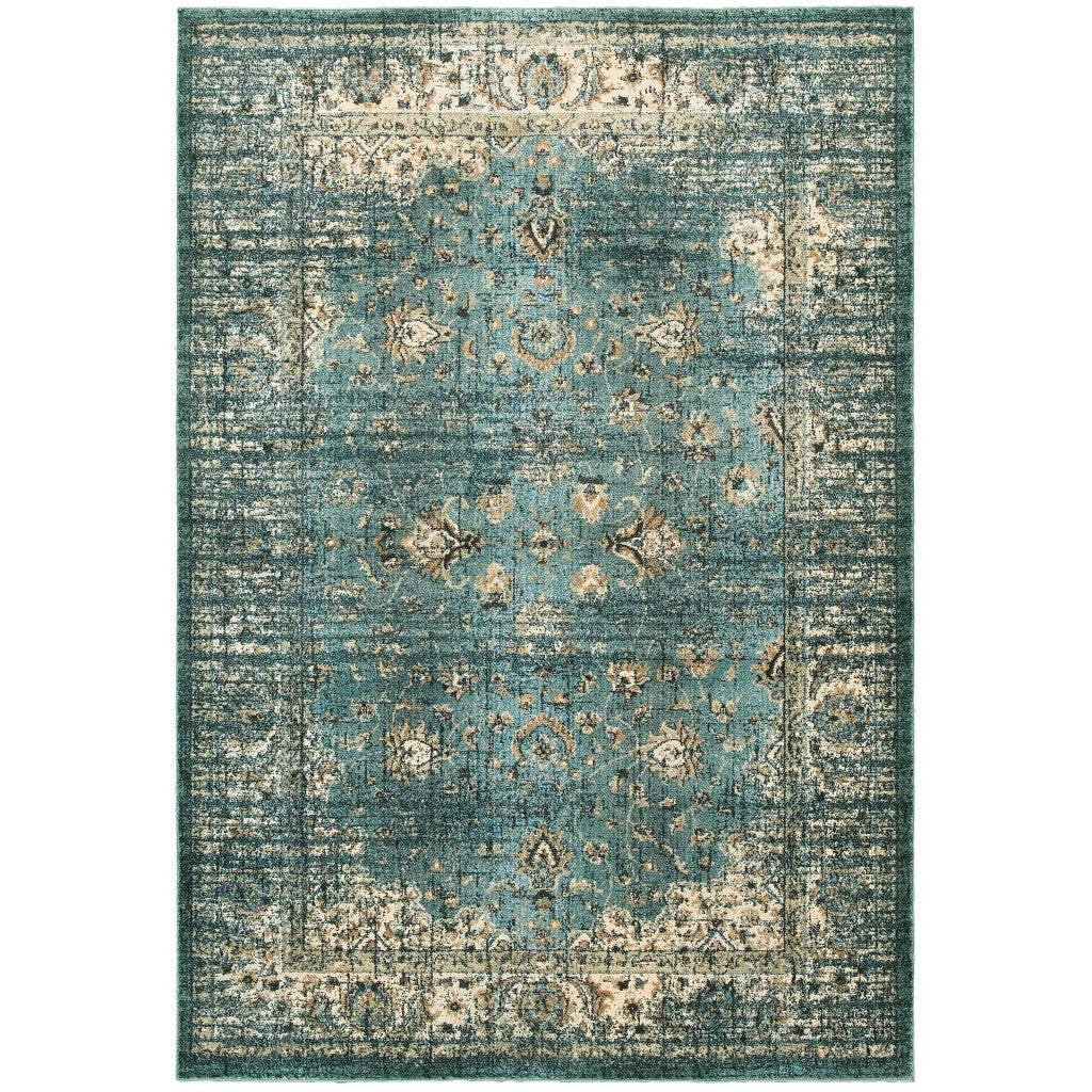 10' X 13' Peacock Blue And Ivory Indoor Area Rug - 22.44" (L) x 39.37" (W) x 1.96" (H)