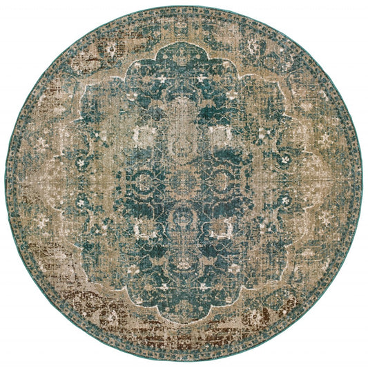 8‚Äö√Ñ√∂‚àö√ë‚àö¬• Round Sand And Blue Distressed Indoor Area Rug - 94.49" (H) x 94.49" (W) x 0.35" (D)