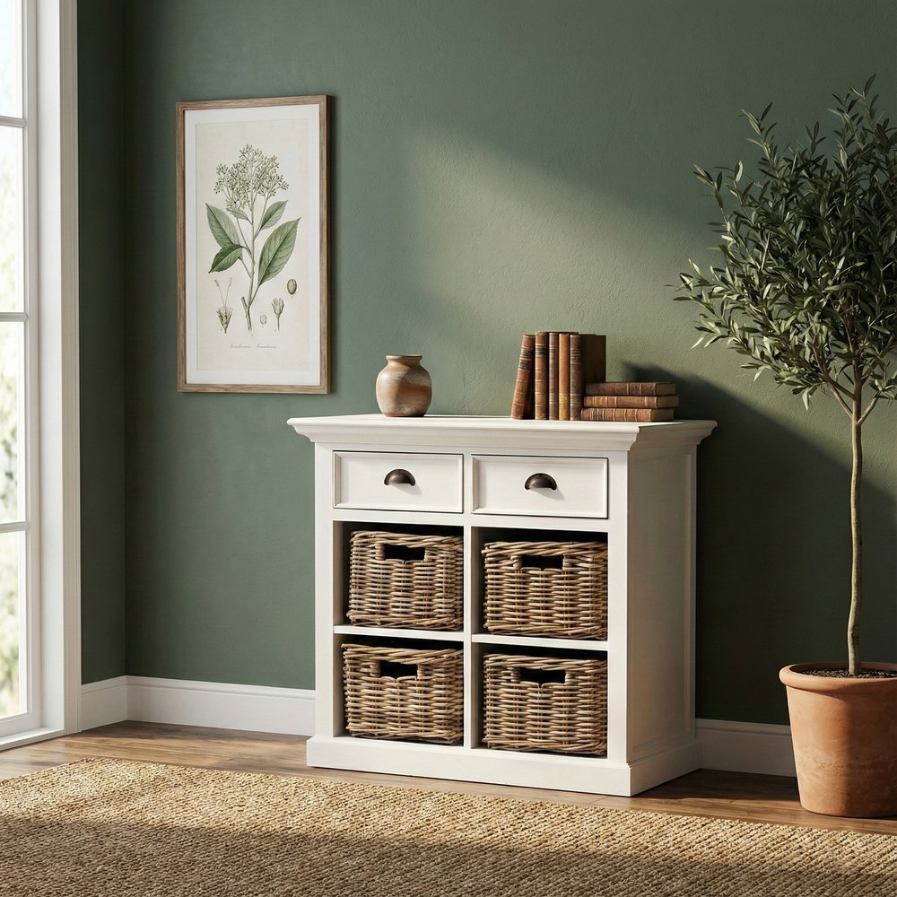 35" White Accent Cabinet With Two Drawers and Baskets HomeRoots