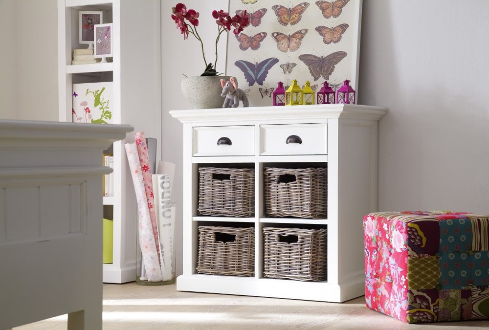 35" White Accent Cabinet With Two Drawers and Baskets HomeRoots