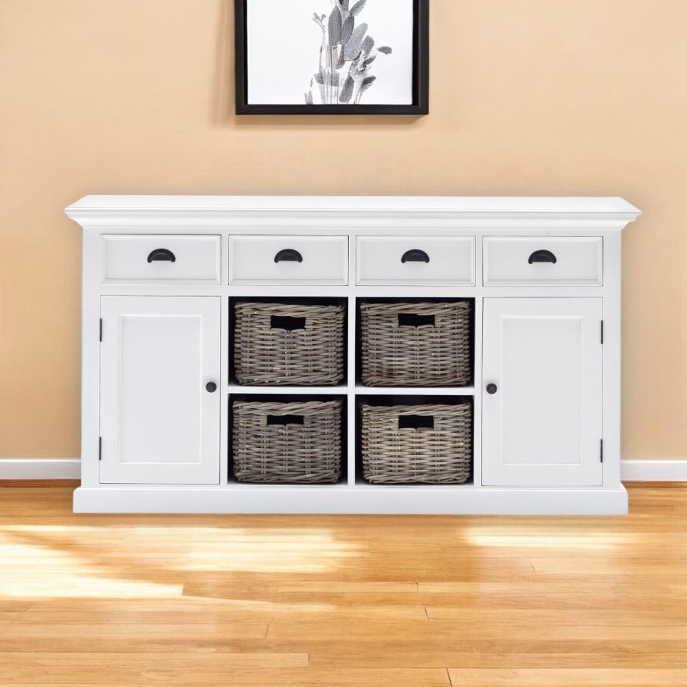63" White Solid Wood Four Drawer Sideboard with Two Doors HomeRoots