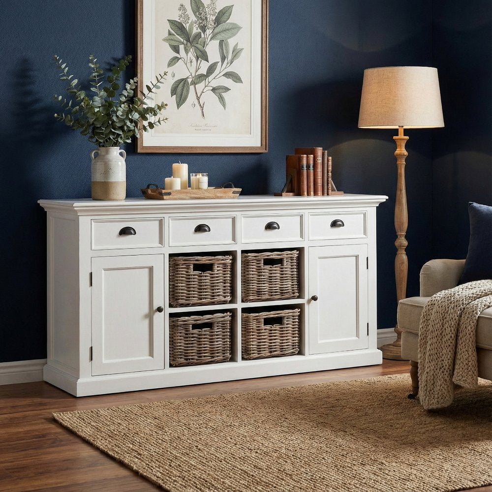 63" White Solid Wood Four Drawer Sideboard with Two Doors HomeRoots