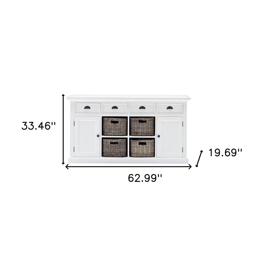 63" White Solid Wood Four Drawer Sideboard with Two Doors HomeRoots