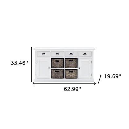 63" White Solid Wood Four Drawer Sideboard with Two Doors HomeRoots