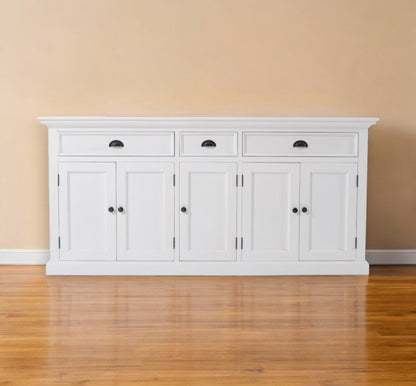 71" White Solid Wood Three Drawer Sideboard with Five Doors