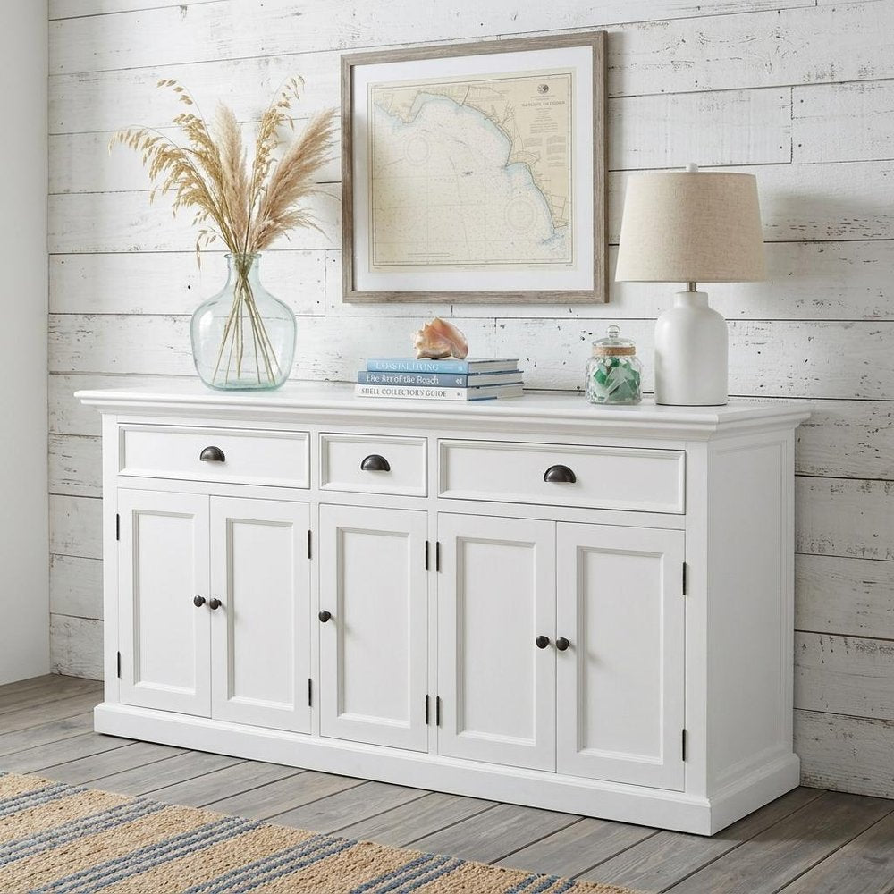 71" White Solid Wood Three Drawer Sideboard with Five Doors HomeRoots