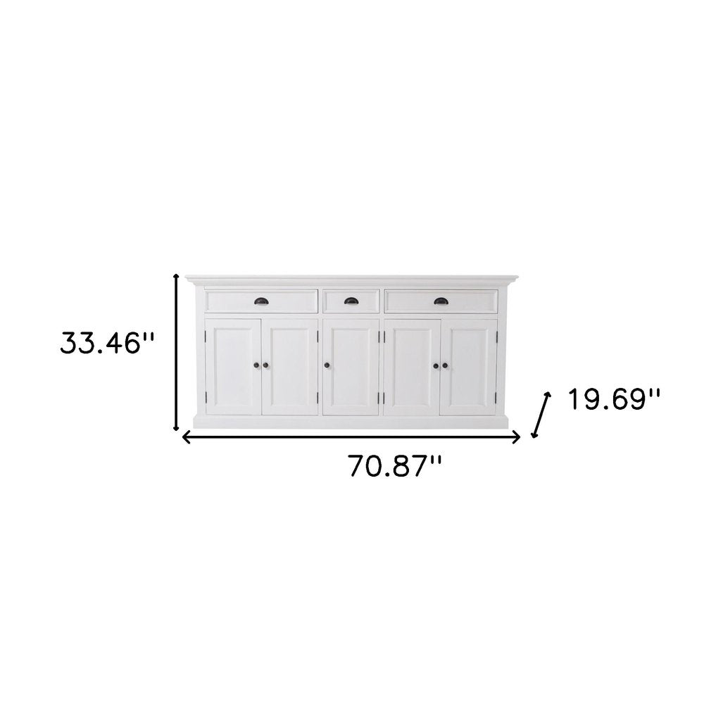 71" White Solid Wood Three Drawer Sideboard with Five Doors HomeRoots