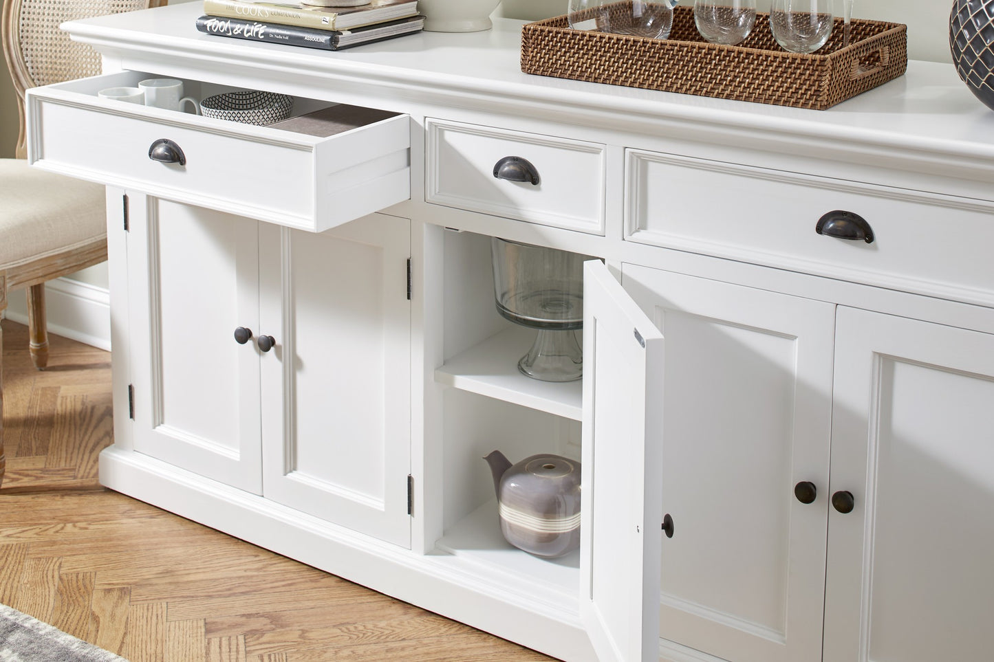 71" White Solid Wood Three Drawer Sideboard with Five Doors