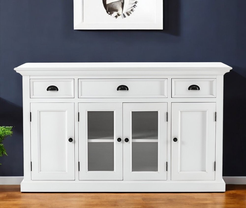 57" White Solid Wood Three Drawer Sideboard with Four Glass Doors HomeRoots