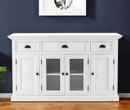 57" White Solid Wood Three Drawer Sideboard with Four Glass Doors HomeRoots