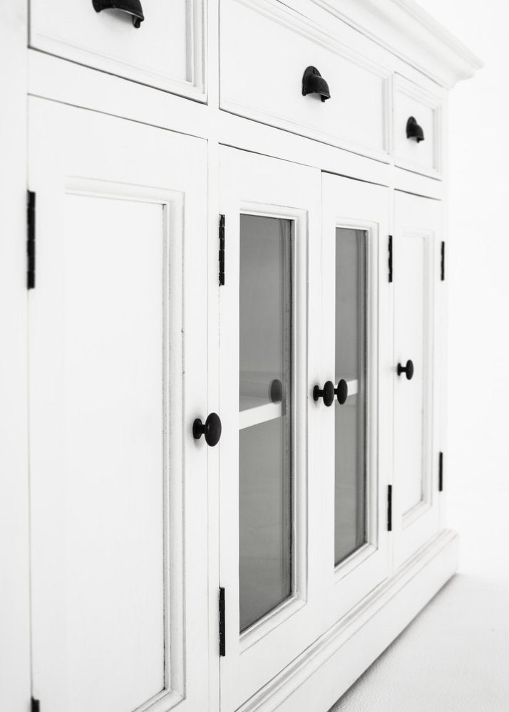 57" White Solid Wood Three Drawer Sideboard with Four Glass Doors HomeRoots