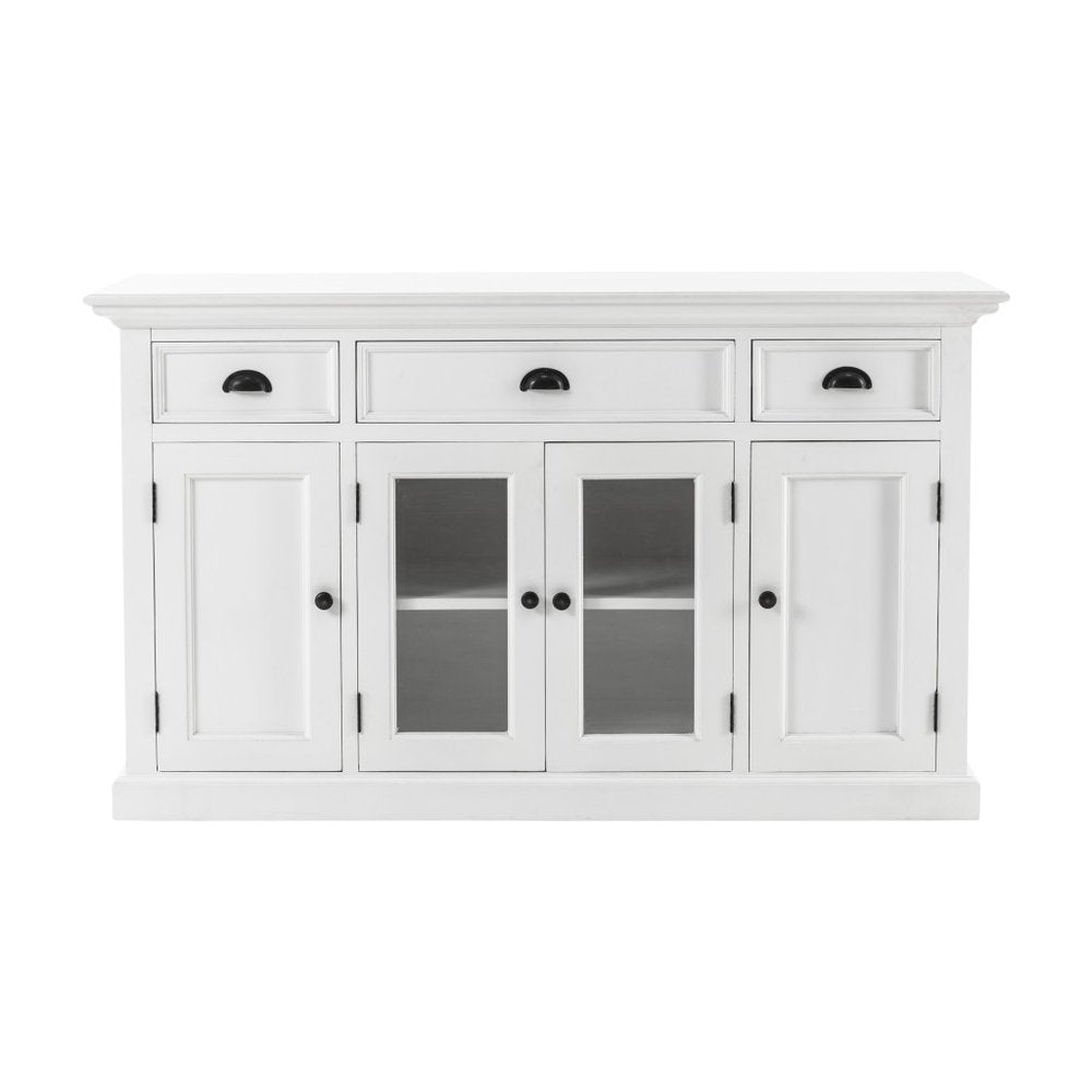 57" White Solid Wood Three Drawer Sideboard with Four Glass Doors HomeRoots