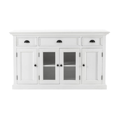 57" White Solid Wood Three Drawer Sideboard with Four Glass Doors HomeRoots