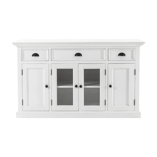 57" White Solid Wood Three Drawer Sideboard with Four Glass Doors HomeRoots