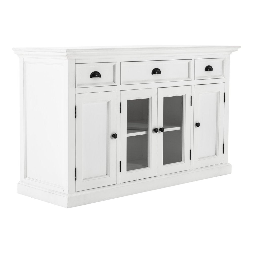 57" White Solid Wood Three Drawer Sideboard with Four Glass Doors HomeRoots