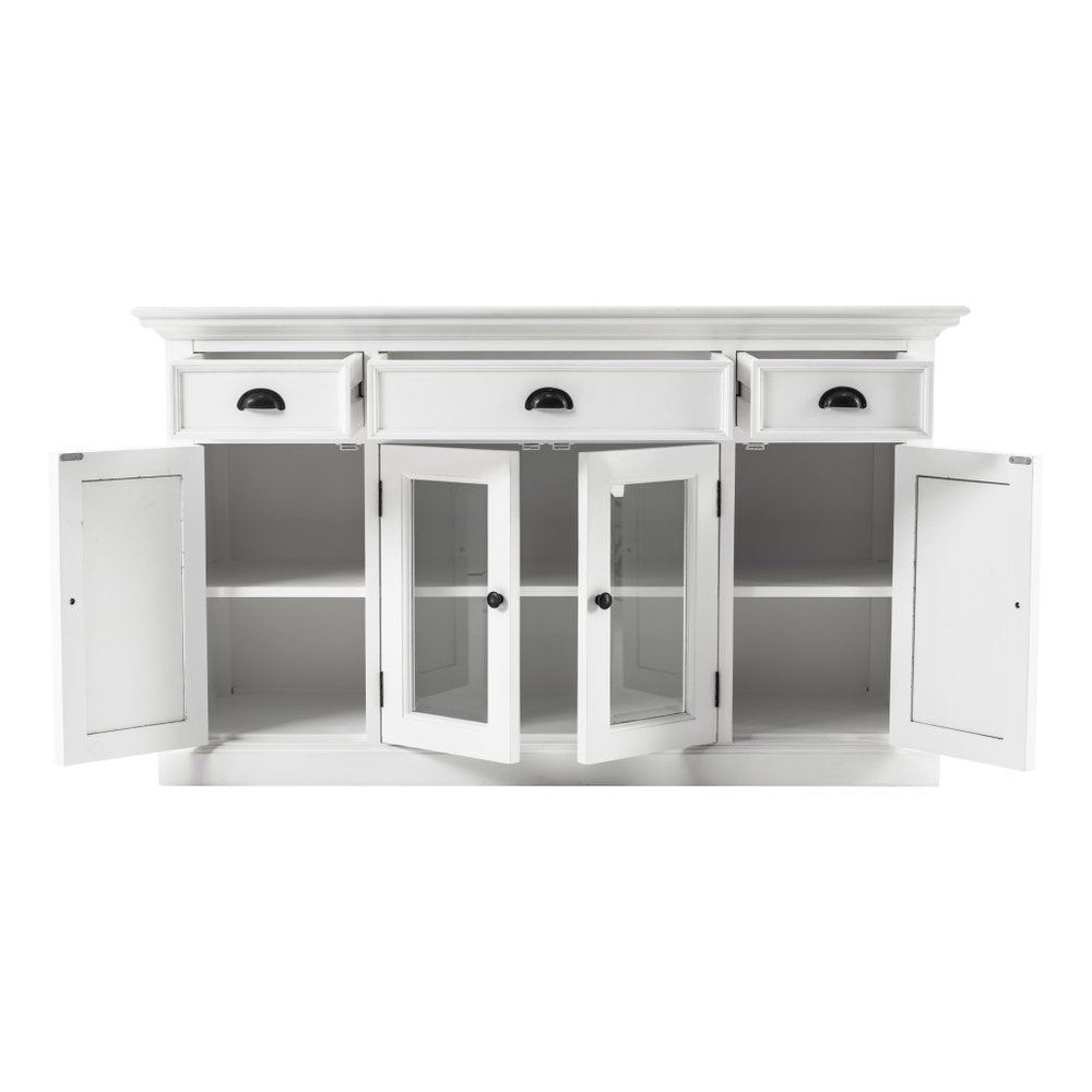 57" White Solid Wood Three Drawer Sideboard with Four Glass Doors HomeRoots