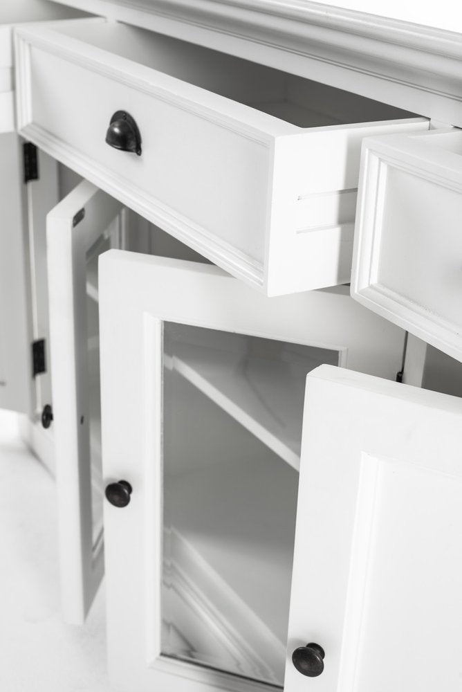 57" White Solid Wood Three Drawer Sideboard with Four Glass Doors HomeRoots