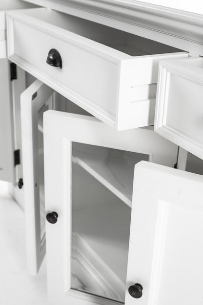 57" White Solid Wood Three Drawer Sideboard with Four Glass Doors HomeRoots