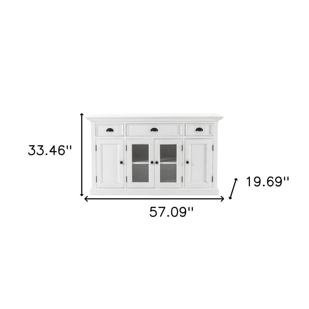 57" White Solid Wood Three Drawer Sideboard with Four Glass Doors HomeRoots