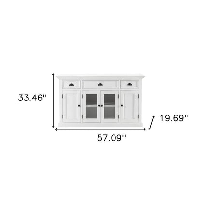 57" White Solid Wood Three Drawer Sideboard with Four Glass Doors HomeRoots