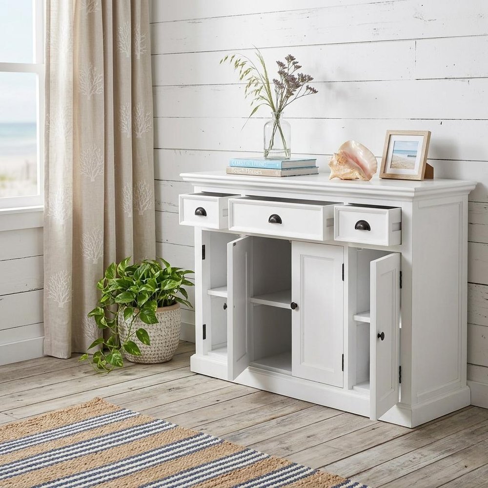 57" White Solid Wood Three Drawer Sideboard HomeRoots