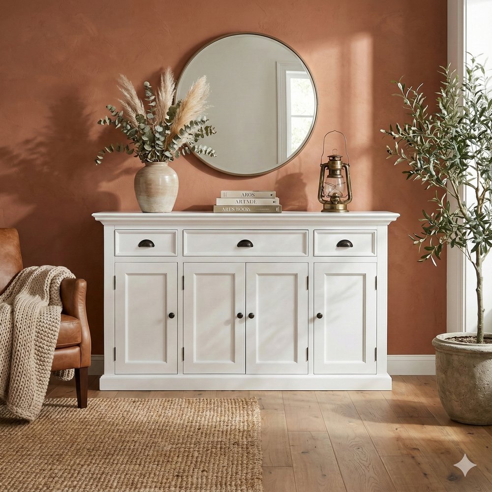 57" White Solid Wood Three Drawer Sideboard HomeRoots