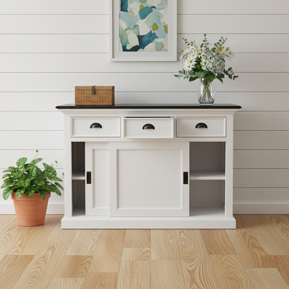 Modern Farmhouse Black And White Buffet Server With Sliding Doors — view 10