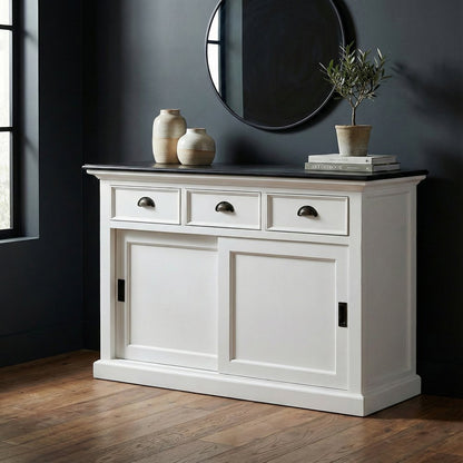 Modern Farmhouse Black And White Buffet Server With Sliding Doors HomeRoots