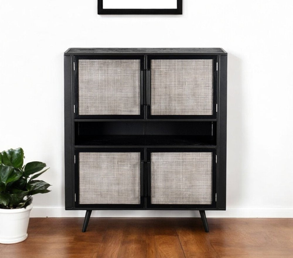 51" Black And Natural Wood And Rattan Accent Cabinet HomeRoots