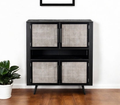 51" Black And Natural Wood And Rattan Accent Cabinet HomeRoots