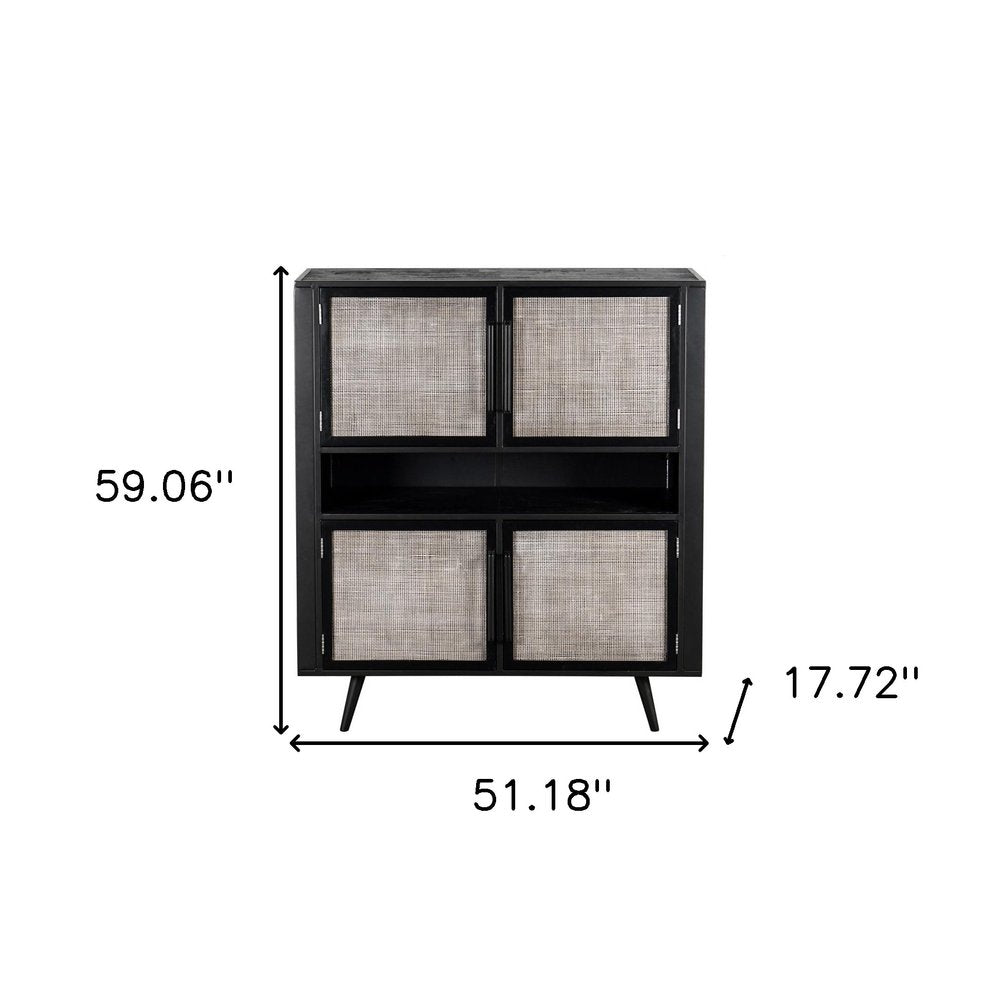 51" Black And Natural Wood And Rattan Accent Cabinet HomeRoots