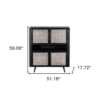 51" Black And Natural Wood And Rattan Accent Cabinet HomeRoots