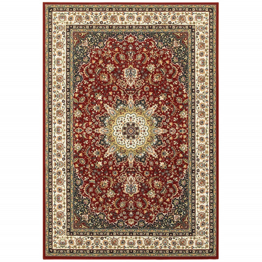 9' X 12' Red Ivory Machine Woven Oriental Indoor Area Rug - 118.11" (H) x 153.54" (W) x 0.32" (D)