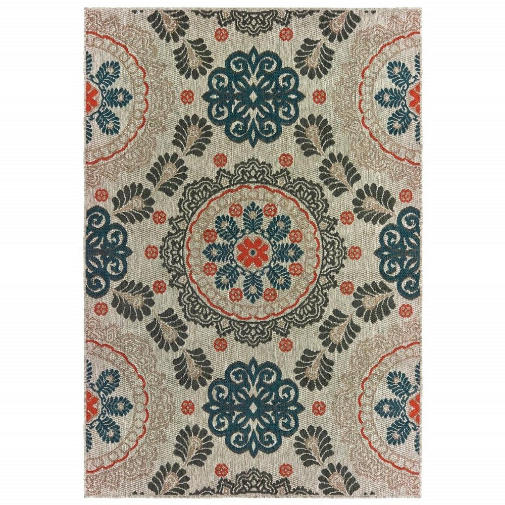 8' X 10' Blue And Gray Damask Indoor Outdoor Area Rug — view 1