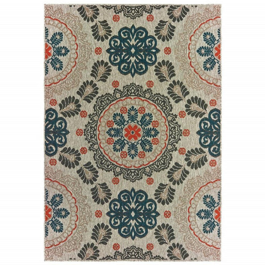 8' X 10' Blue And Gray Damask Indoor Outdoor Area Rug
