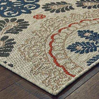 8' X 10' Blue And Gray Damask Indoor Outdoor Area Rug