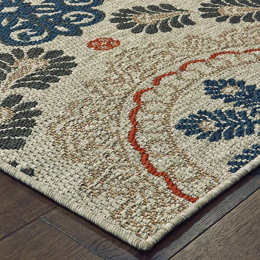 8' X 10' Blue And Gray Damask Indoor Outdoor Area Rug