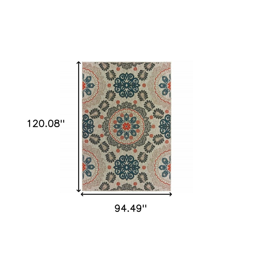 8' X 10' Blue And Gray Damask Indoor Outdoor Area Rug — view 4
