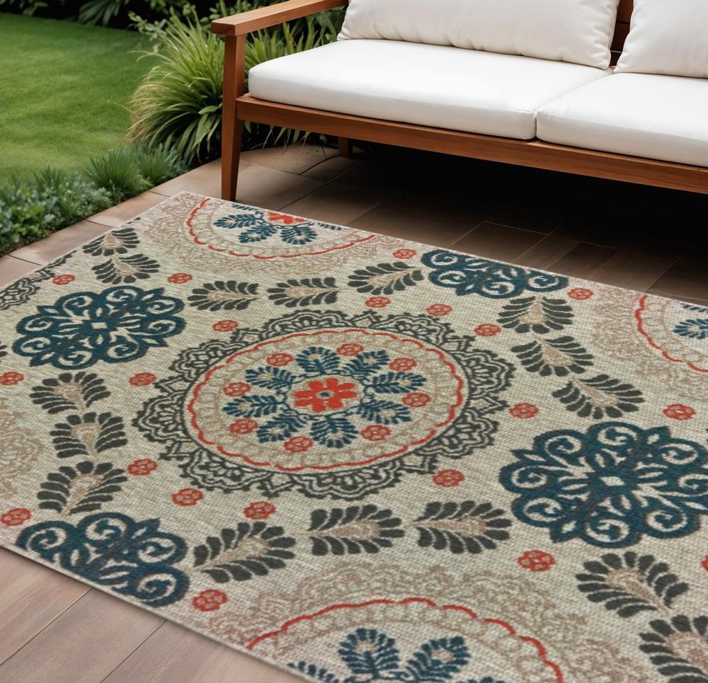 8' X 10' Blue And Gray Damask Indoor Outdoor Area Rug — view 7