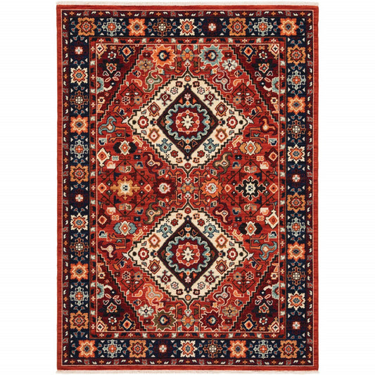 3' X 5' Red Blue Machine Woven Oriental Indoor Area Rug - 93.0" (L) x 117.0" (W) x 0.38" (H)