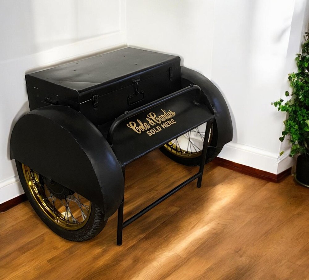 28" Black Distressed Iron Wheel End Table And Trunk Storage — view 2