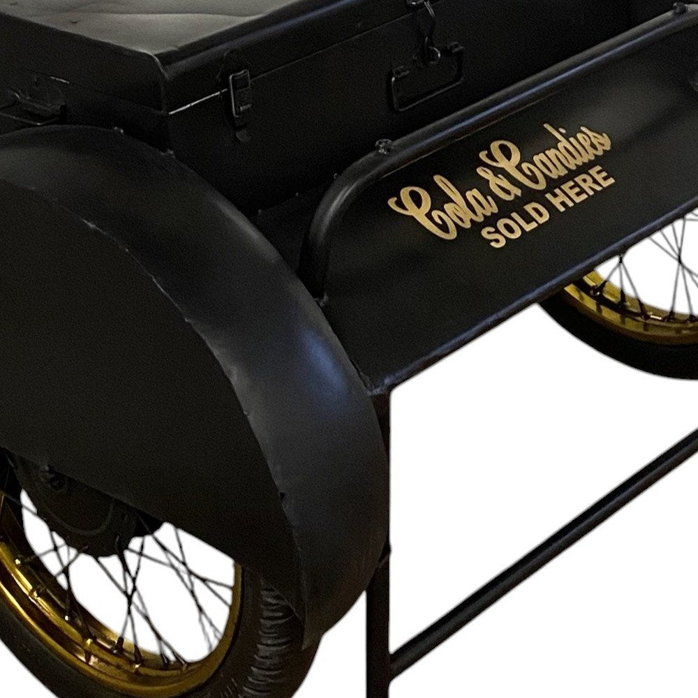 28" Black Distressed Iron Wheel End Table And Trunk Storage — view 6
